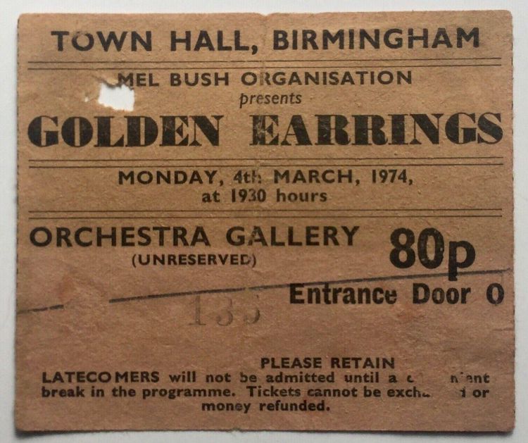 Golden Earring UK tour ticket#135 Birmingham - Town Hall 04-03-1974